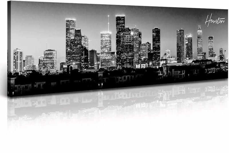 DJSYLIFE Houston Skyline Canvas Wall Art Decor Black & White City Pictures Painting Texas Cityscape Photo Print Artwork for Office Bedroom Living Room Walls Decoration Ready to Hang 13.8"x47.3" - Image 1